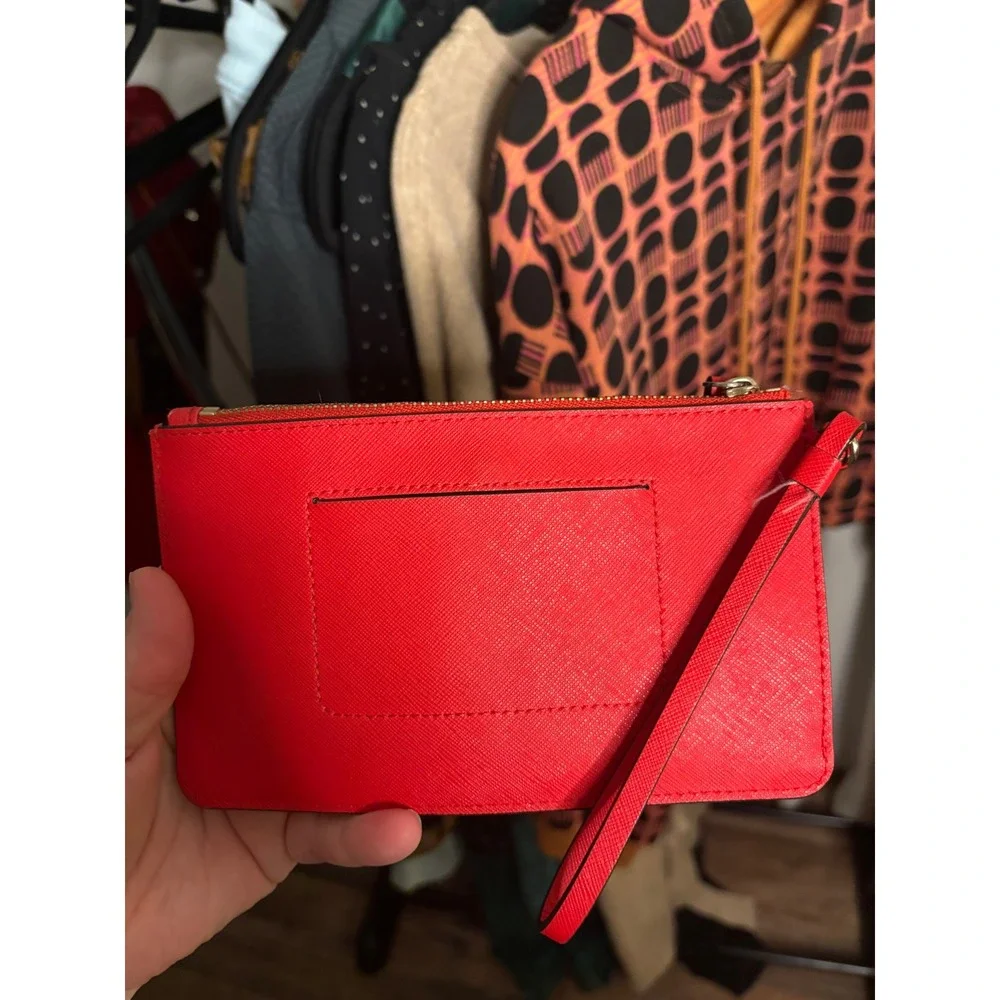Kate Spade New York Red Saffiano Leather Wristlet Pouch Polka Dot Lining